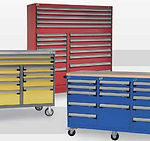 yellow, blue, and red industrial toolboxes