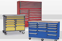 yellow, blue, and red industrial toolboxes